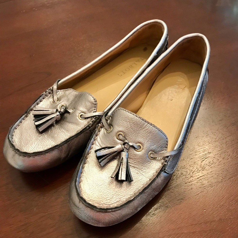 Talbots silver flat loafers, size 8.